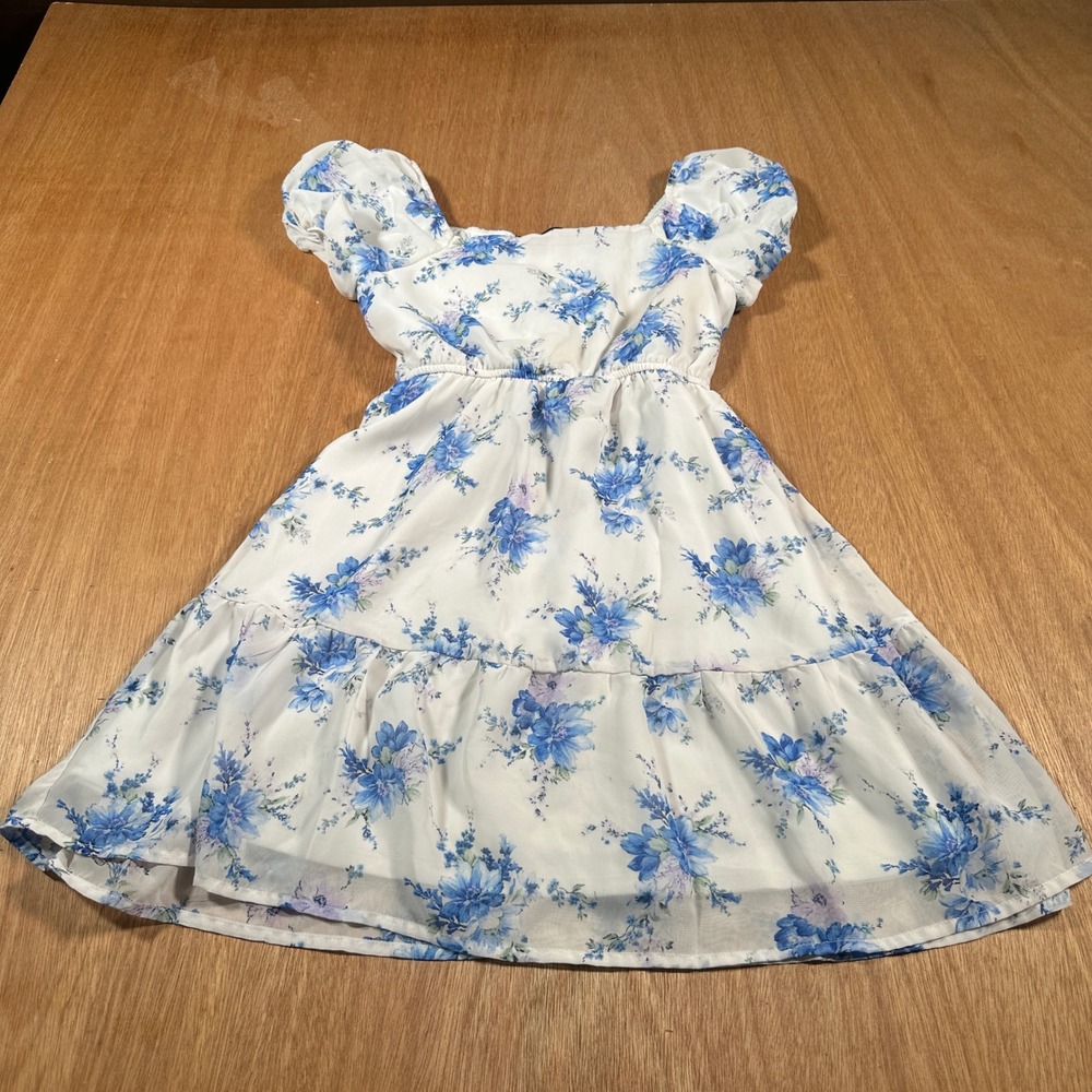 Trixxi Girl Girls Medium 10/12 Blue Floral Puff Sleeve Cottagecore Party Dress